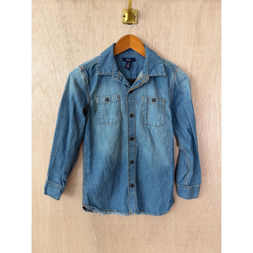 Gap Kids Boys Large Denim Button Down Shirt Medium Wash Long Sleeve Blue Top